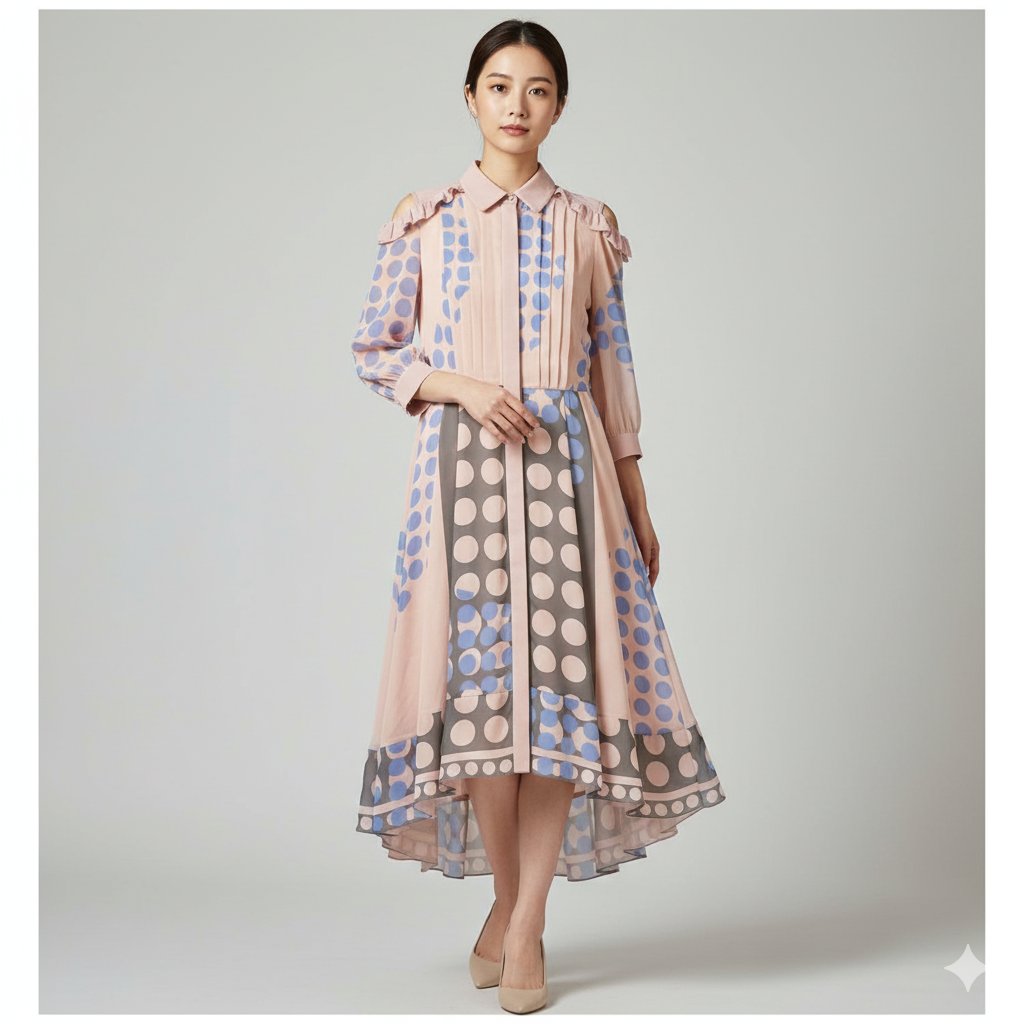Bora Aksu Midi Step Hem Chiffon Dress Cold Shoulder Pink, Blue, Gray Dots 4/36